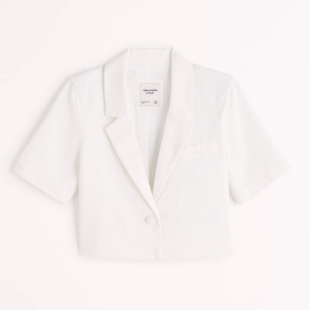 abercrombie & fitch linen-blend short-sleeve cropped blazer